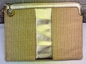 NWT Lilly Pulitzer Gold Tan Southside Clutch Bag Straw Turquoise Satin Lining - Picture 1 of 14