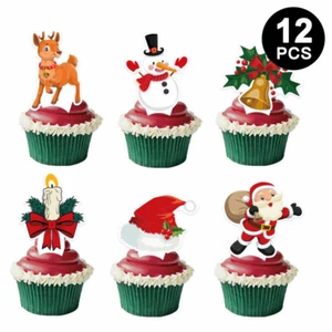Merry Christmas Party Cupcake Topper 12PK | Xmas Theme Party Cake Decorations - Picture 1 of 2