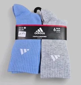 ADIDAS Girls Socks Crew Moisture Wicking Cushioned 6 Pair Shoe Size 5Y-7Y - Picture 1 of 5