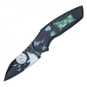 Spring-Assist Folding Knife | Halloween Howling Wolf 3.25" Blade Black Green - Picture 1 of 4
