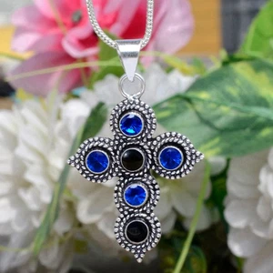 Tanzanite Black Onyx Gemstone 925 Sterling Silver Designer Pendant Prayer Cross - Picture 1 of 10