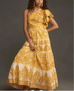 Farm Rio Anthropologie Small Ainika Tapestry One-Shoulder Maxikleid Neu mit Etikett gelb - Bild 1 von 10