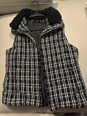 Chaleco acolchado de tweed blanco y negro Talbots para mujer - cuello Sherpa sintético, talla L Foto 1 de 4