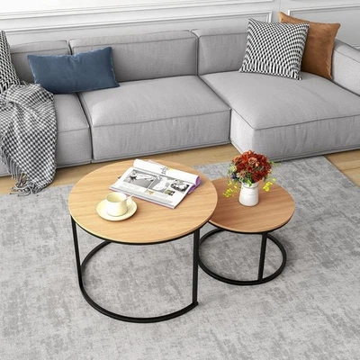 Set of 2 Round Nesting Coffee Tables Expandable Lightweight Black/Oak Wood - Image 1 of 4