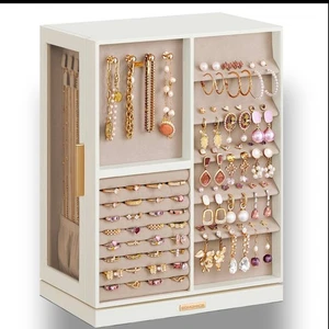 Jewelry Box 360° Rotating Organizer 7 Drawer Storage Case Glass Window White NEW - Picture 1 of 5
