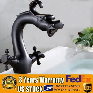 Grifo de lavabo de baño antiguo de latón dragón 2 asas cruzadas fregadero mezclador grifos de agua - Imagen 1 de 16