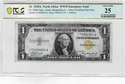 1935A $1 North Africa Silver certificate *STAR* note-fr. 2306*- PCGS VF 25 - Image 1 of 4