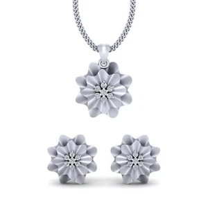 Simulated Cluster Diamond Floral Pendant Earrings Set Silver Wedding Pendant Set - Picture 1 of 6