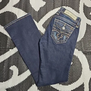 ROCK REVIVAL ALIVIA JEANS SZ 28 BLUE DENIM EMBELLISHED BOOT LOW RISE WOMENS - Picture 1 of 10