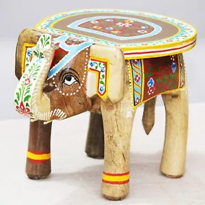 Handcrafte Hand-Painted Wooden Elephant Shape Stool Chair Cum Side Table Natural - Picture 1 of 9