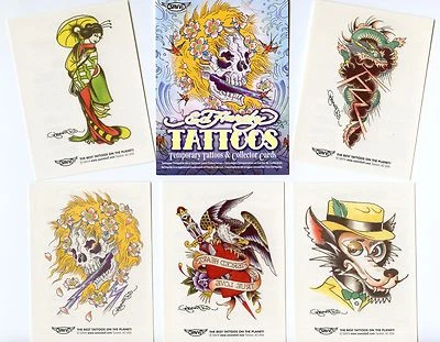 SAVVJ ED HARDY TEMPORARY TATTOOS, 5 Einmal Tattoos + 5 Sammelkarten Motiv 6 neu