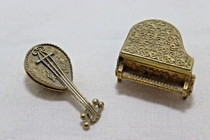 Avon Metal Musical Instruments Lot of 2 Piano & Lute Gold Color Solid Perfume - Picture 1 of 5
