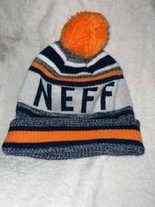 Neff Beanie dumm blau orange weiß Bommel Oberteil Acryl 10" lang warm Unisex - Bild 1 von 5