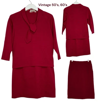 Vintage Abraham & Strauss Red Knit Wool 2 Piece Skirt Set Italian Jackie O Retro - Image 1 of 4