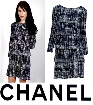 5K New Tag Chanel 2014 Runway Blue Black Tweed Shift Dress 40 42 44 2 4 6 M L - Image 1 of 4