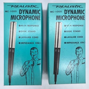 2 Vintage Radio Shack Realistic MC-1000 Dynamic Microphones Complete Stand Cord - Picture 1 of 10