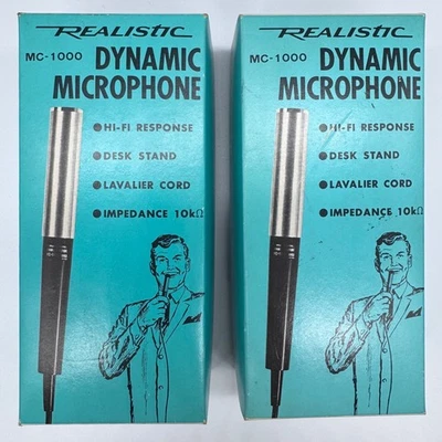 2 Vintage Radio Shack Realistic MC-1000 Dynamic Microphones Complete Stand Cord - Image 1 of 4