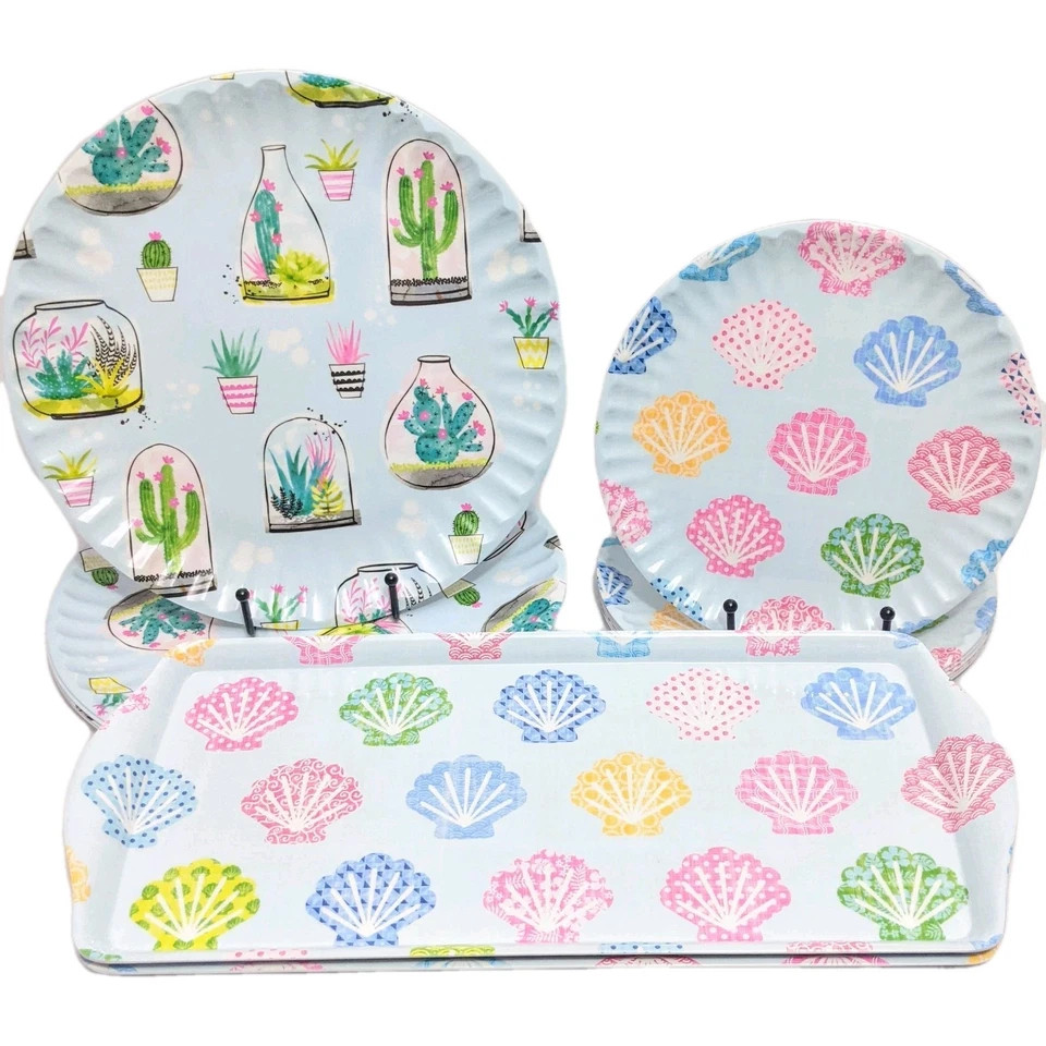 Juego de 13 bandejas de placas de melamina Cynthia Rowley azul claro Sea Shell Kensie Plate Foto 1 de 4