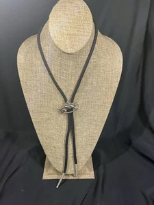 VINTAGE SILVER TONE CORD BOLO TIE SWORDFISH SIGNED - Picture 1 of 6