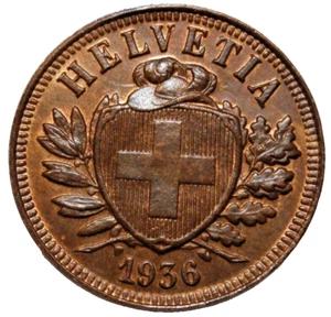1936 B UNC RB SWITZERLAND 2 RAPPEN COIN LOW MINTAGE DATE 500,000 MINTED - Picture 1 of 4