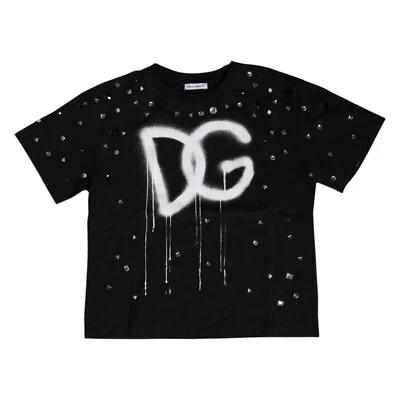 DOLCE & GABBANA Kids T-shirt Black DG Rhinestone Embellish Girl s. Tag 8 750usd - Image 1 of 4