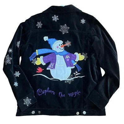 Quacker Factory Velvet Snowman Jacket Size Small Black Capture the Magic Holiday - Image 1 of 4
