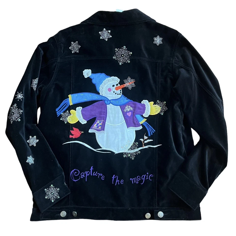 Quacker Factory Velvet Snowman Jacket Size Small Black Capture the Magic Holiday - Image 1 of 4