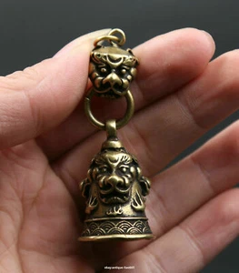 60MM Small Curio Chinese Fengshui Bronze Animal Unicorn Beast Heads Bell Pendant - Picture 1 of 6