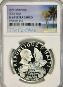 1975 HAITI SILVER 50 GOURDES HOLY YEAR NGC PF 69 ULTRA CAMEO BEAUTIFUL TOP POP 1 - Picture 1 of 4