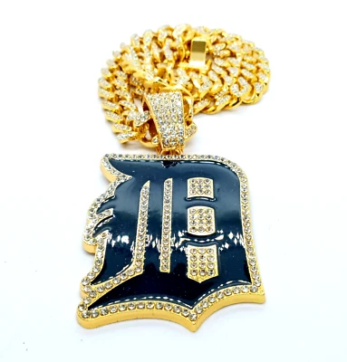 DETROIT TIGERS GEM NECKLACE Gold Bling MLB Hip Hop Baseball Pendant & 20" Chain - Image 1 of 4