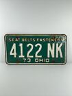 Vintage Ohio OH License Plate 1973 SEAT BELTS FASTENED? No. 4122 NK Green White