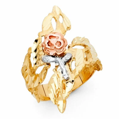 14k Real Solid Tricolor Gold 28 mm Flower Ring Anillo Flor Oro Solido - Image 1 of 3