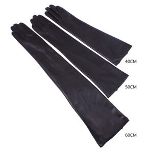 Women Black Long Genuine Leather Winter Elbow Opera Evening Gloves Silk Lining