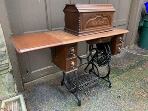 1880's NEW HOME cast iron sewing machine treadle base walnut coffin top table - Picture 1 of 12