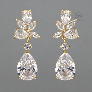 Gold Plated Leaf Cubic Zirconia CZ Drop Dangle Earrings Bridal Wedding Gift 9445 - Picture 1 of 4