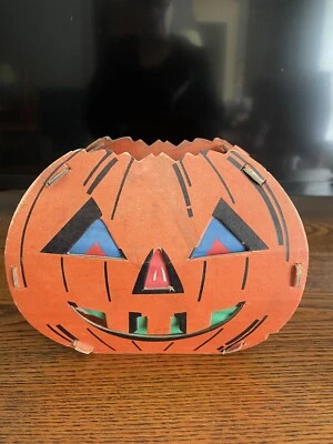 Antique 1940’s Halloween Cardboard Jack O Lantern Pumpkin 5 1/2” Tall - Image 1 of 4