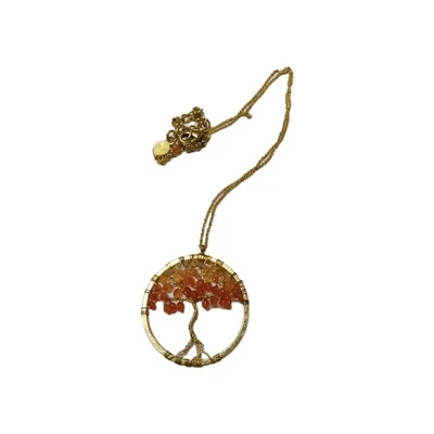 Tree of Life Gold Tree w Orange & Red Gemstones & Long Chain  - Image 1 of 4
