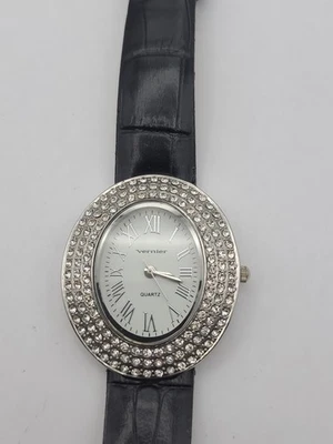 Vernier Crystal Bezel Analog Quartz Watch Oval White Dial Black Band Working - Image 1 of 4