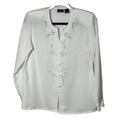 Top floral bordado manga larga con botones blanco para mujer Laura Scott talla 6P Foto 1 de 3