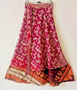 Traditional-Silk Recycled Sari Floral Print Double Layers Hippie Boho BeachSkirt - Picture 1 of 7