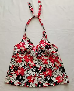 Catalina Tankini Halter Tie Swim Top Womens L 12 14 Black Red White Floral Pads - Picture 1 of 5