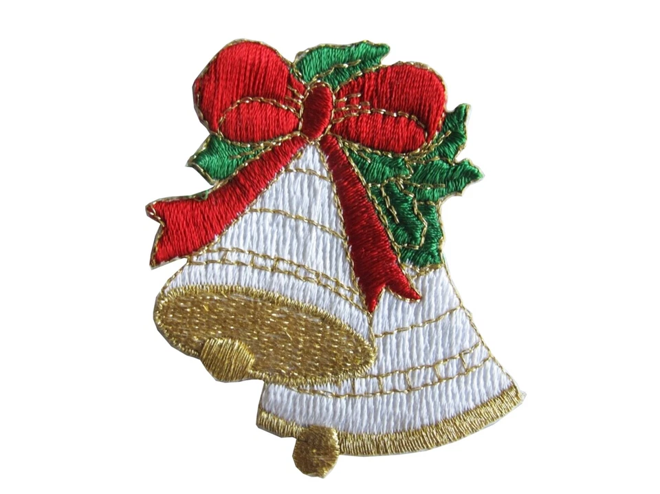 #2944 White Christmas Bell w/Red Bowknot Embroidery Iron On Applique Patch - Image 1 of 1