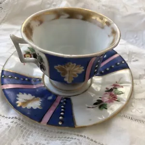 Antique Cobalt Blue Teacup & Saucer Collector Cabinet Old Paris Porcelain? Roses - Picture 1 of 8
