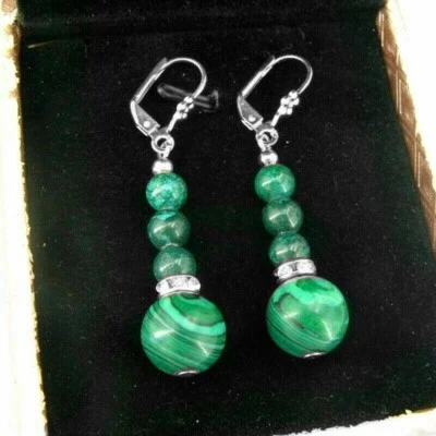 BAILYSBEADS Malachit-Ohrringe Ohrhänger rund Strass Ringe Klappbrisuren Damen - Bild 1 von 3