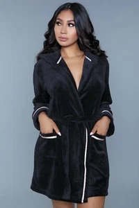 sexy BE WICKED soft PLUSH hooded LONG sleeve SHORT pockets BELT tie BATH ROBE - Picture 1 of 9