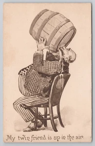 My Twin Friend Drinking Man Chugging Keg Barrel of Beer Postcard Prohibition - Picture 1 of 4