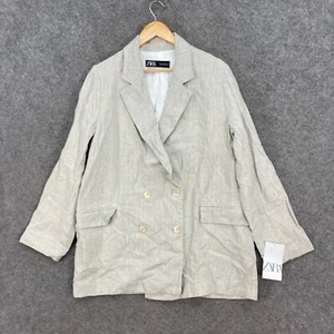 NEW Zara Womens Jacket Size L Large Beige Linen Long Sleeve Collar Button A9204 - Picture 1 of 12