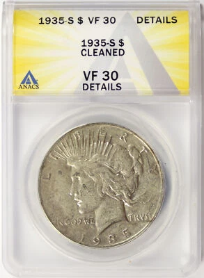 1935-S $1 Peace Dollar ANACS VF30 Details Cleaned - Image 1 of 4