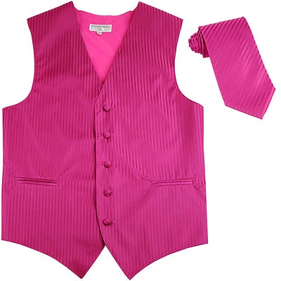 New Men's Vertical Tone on Tone stripes tuxedo Vest Waistcoat_necktie hot pink - Image 1 of 4