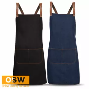 Kitchen UNISEX Cross Back Denim Black/Blue Apron & PU Chocolate/Black/Tan Strap - Picture 1 of 5